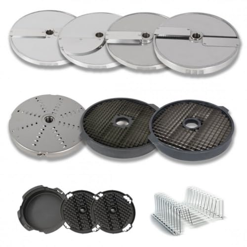 1010471 Taco & Burger Heavy Duty 7 Disc Package, Vegetable Processor Attachment Set with Slicing, Shredding, Julienne & Dicing Discs, Quick Cleaner Pushers, Storage Holder, Stainless Steel