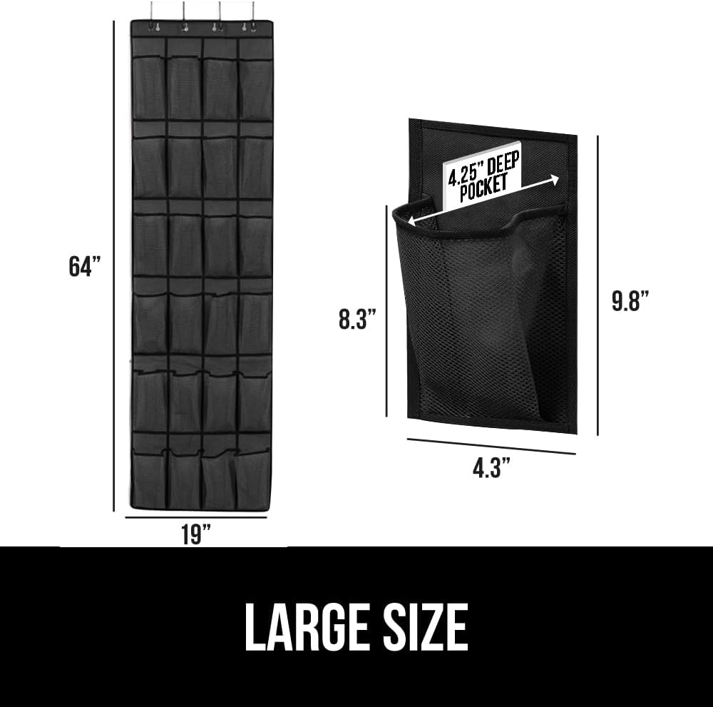 GORILLA GRIP Over the Door Shoe Organizer, 2 Pack, 24 Breathable Mesh Pockets, Space Saving Hanging Storage Holder, Closet Rack Hanger Holds Up to 40 lbs, Hangs on Closets, Shoes, Accessories, Black