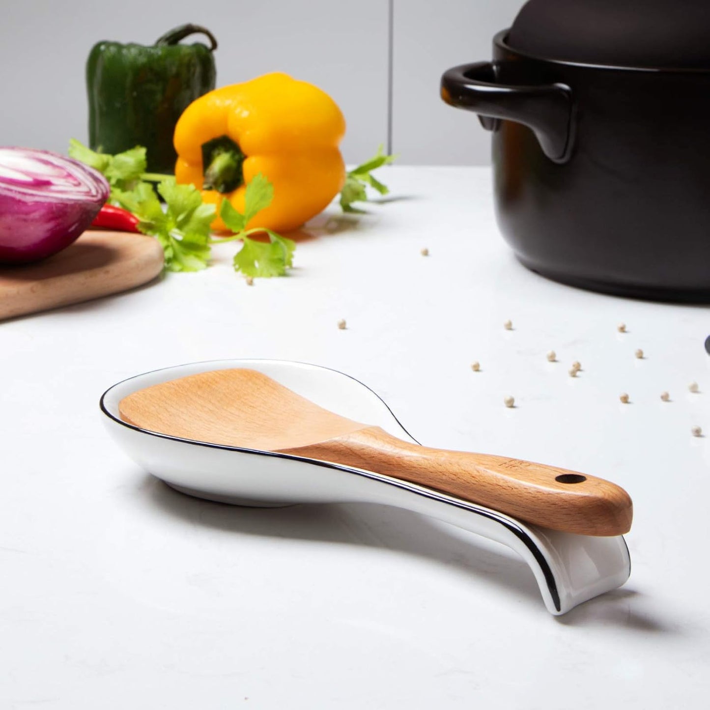 NJCharms Ceramic Spoon Rest for Stove Top, Porcelain Spoon Holder, Large Utensil Rest for Kitchen Counter, Spoon Rest for Spoon, Ladle, Spatula, Modern Farmhouse Kitchen Decor, 1 Pcs