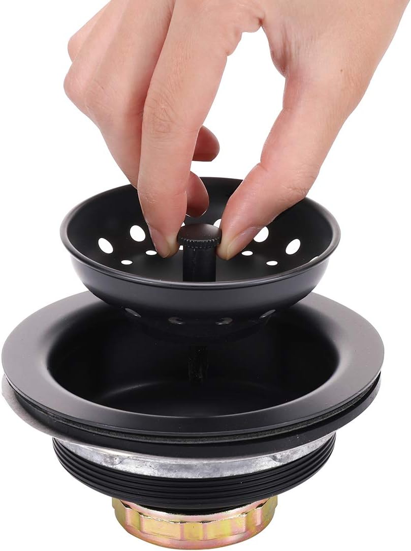 KONE 3-1/2 Inch Kitchen Sink Stainless Steel Basket Strainer Water Stopper with Drain Assembly, Black Finish Rustproof and Durable