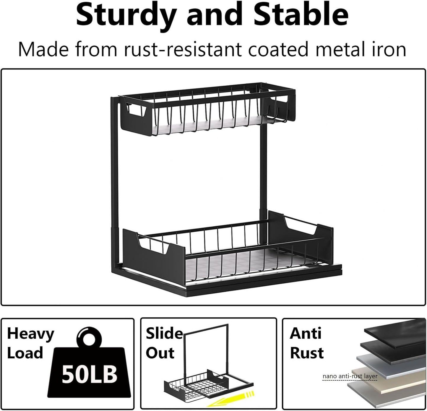 Under Kitchen Sink Organizers and Storage Pull Out 2 Tier Metal Bathroom Cabinet Organizer (Black, 1 Pack)