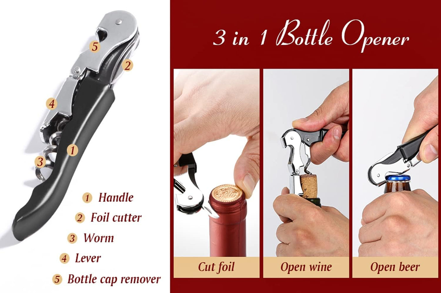 Professional Waiter Corkscrew Wine Openers Set, Heavy Duty Stainless Steel Hinges Wine Key for Restaurant Waiters, Sommelier, Bartenders
