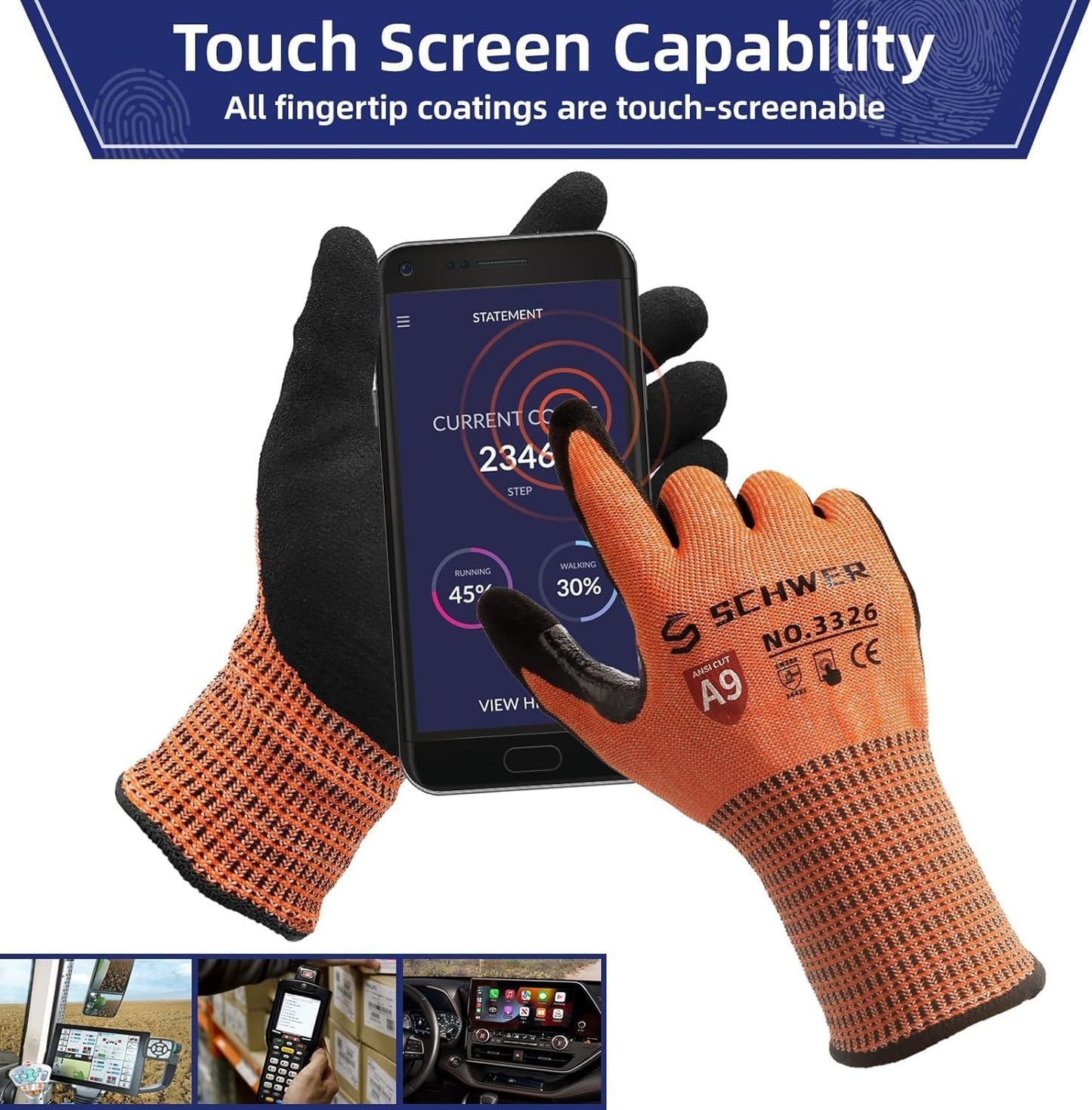 Schwer ProGuard Highest Level Cut Resistant Work Gloves PR3326 for Extreme Protection, ANSI A9 Cut Gloves with Reinforced Thumb, Non Slip, Non PFAS, Durable, Touch-screen, Orange 2 Pairs(M)