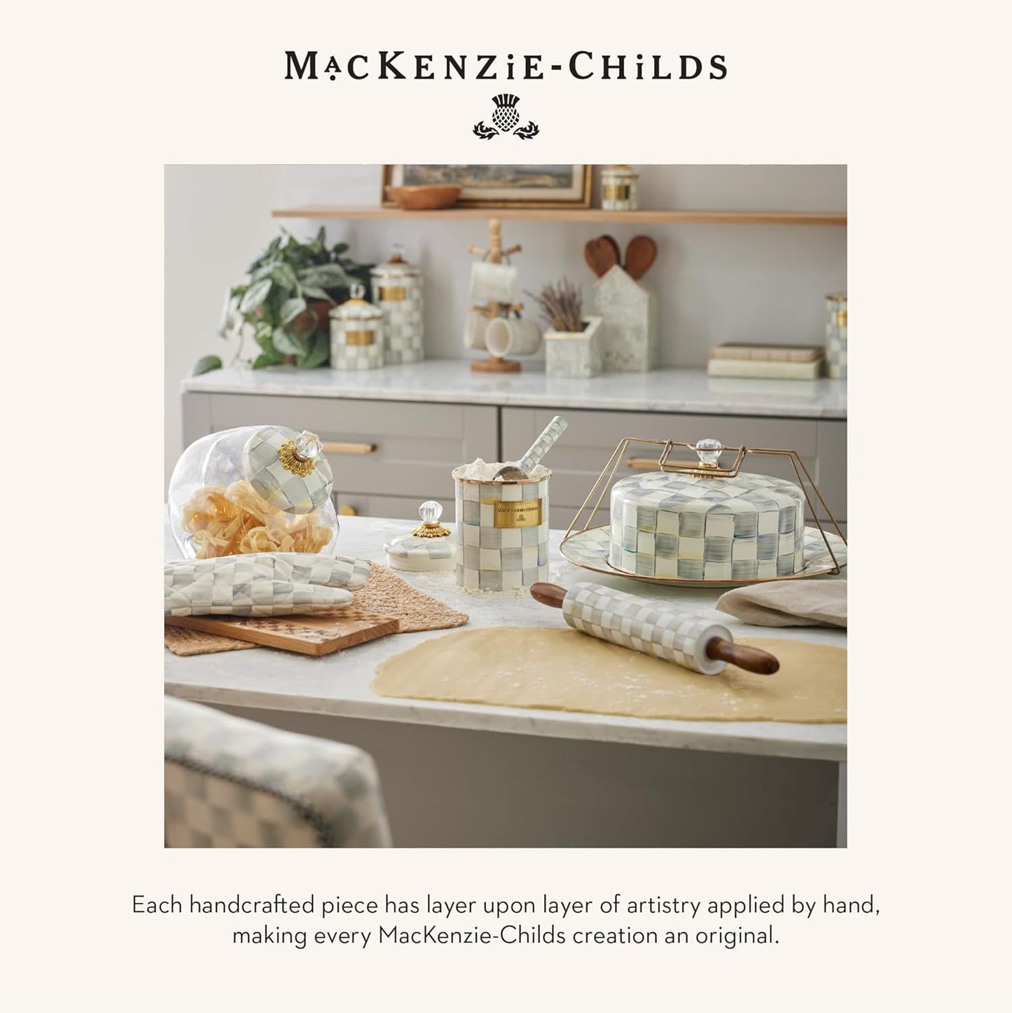 MACKENZIE-CHILDS Enamel Serving Bowl, Enamel Serveware Bowl, 12 Inches, Gray-and-White Sterling Check