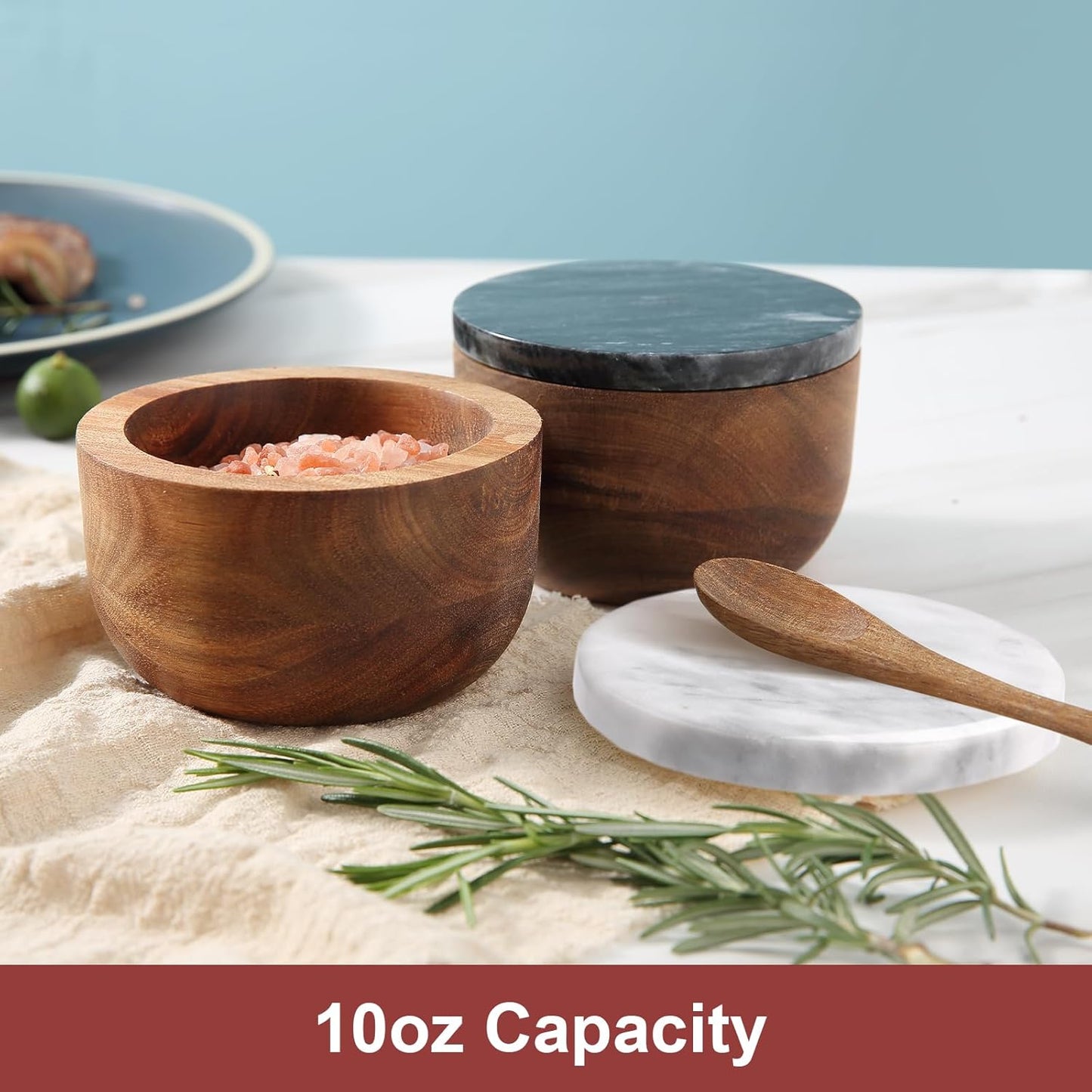 Large Wood Salt Box Salt cellar with Spoon Spice Salt Container salt holder Solid Natural Acacia Base White Grey Marble Lid Decorative Box Bowl Big Capacity Salt Cellar Spice Cellar