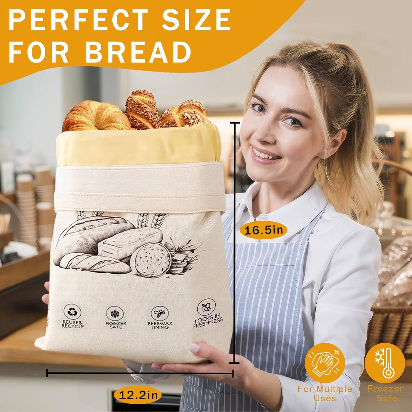 2-Pack Reusable Beeswax Bread Bags for Sourdough & Homemade Bread,Cotton Waxed Bags Keeps Fresh Longer(Amber Wheat)