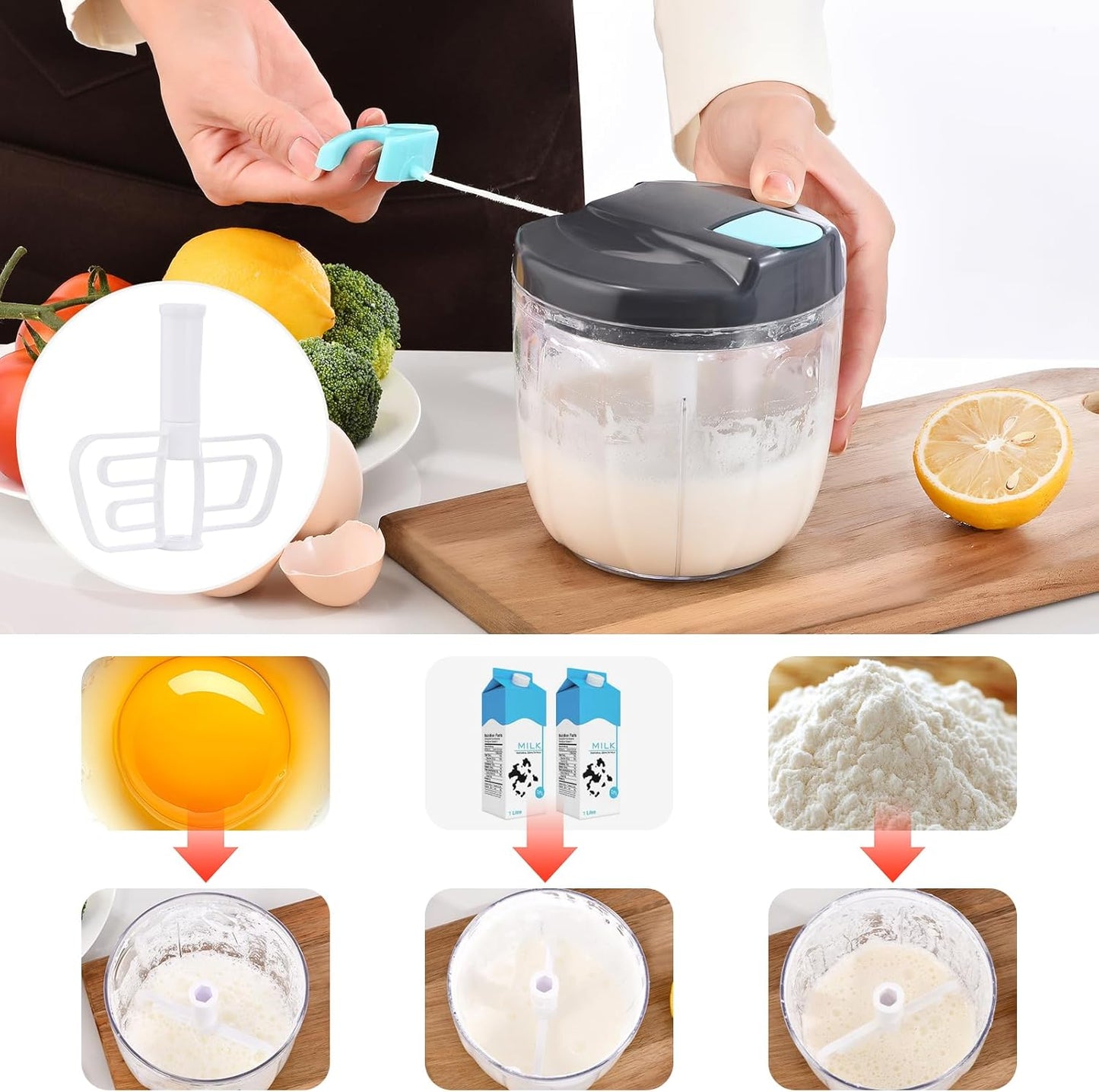 Manual Food Processor Vegetable Chopper, Portable Hand Pull String Garlic Mincer Onion Cutter for Veggies, Ginger, Fruits, Nuts, Herbs, etc., (900ml,Gray-blue)