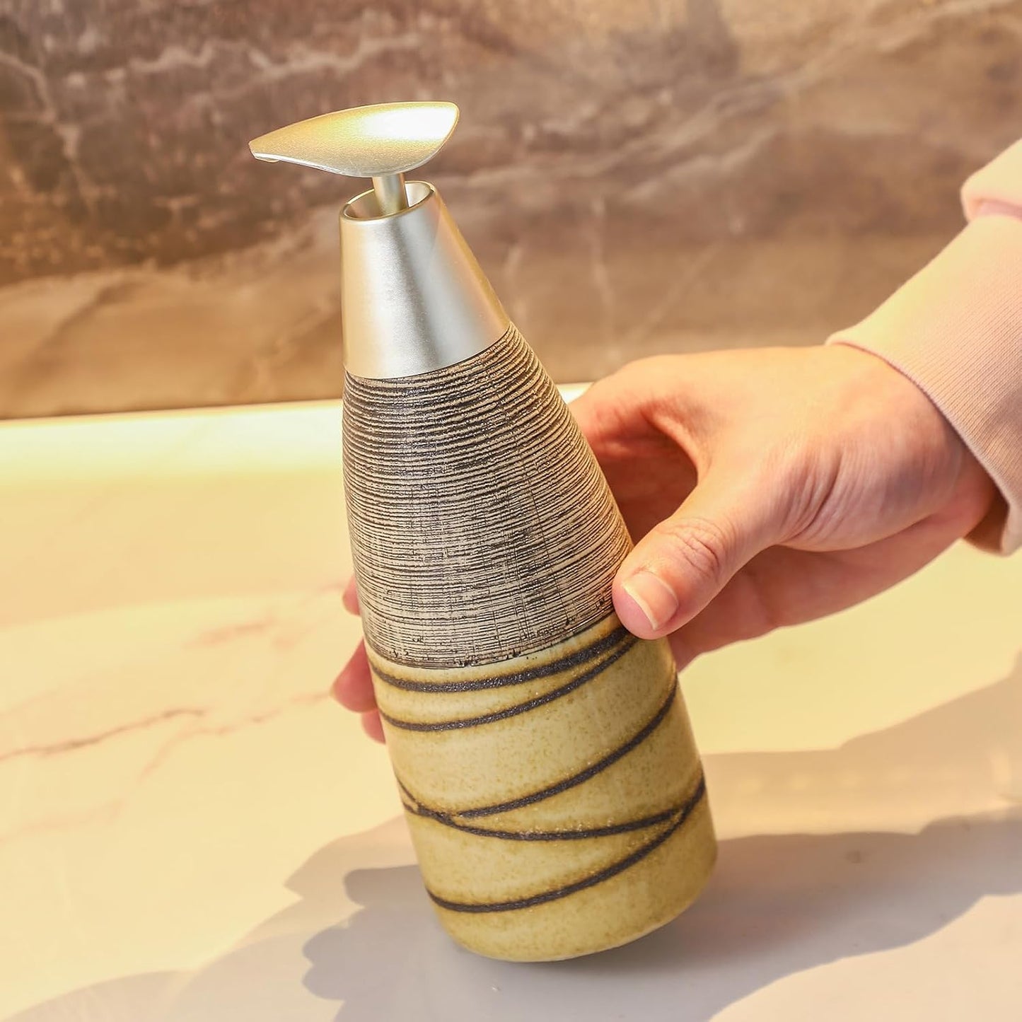 Ceramic Soap Dispenser with Plastic Pump โ 12oz Refillable Liquid Dispenser for Bathroom, Kitchen, Office, Hotel, Airbnb, or Vacation Rental (Type A)