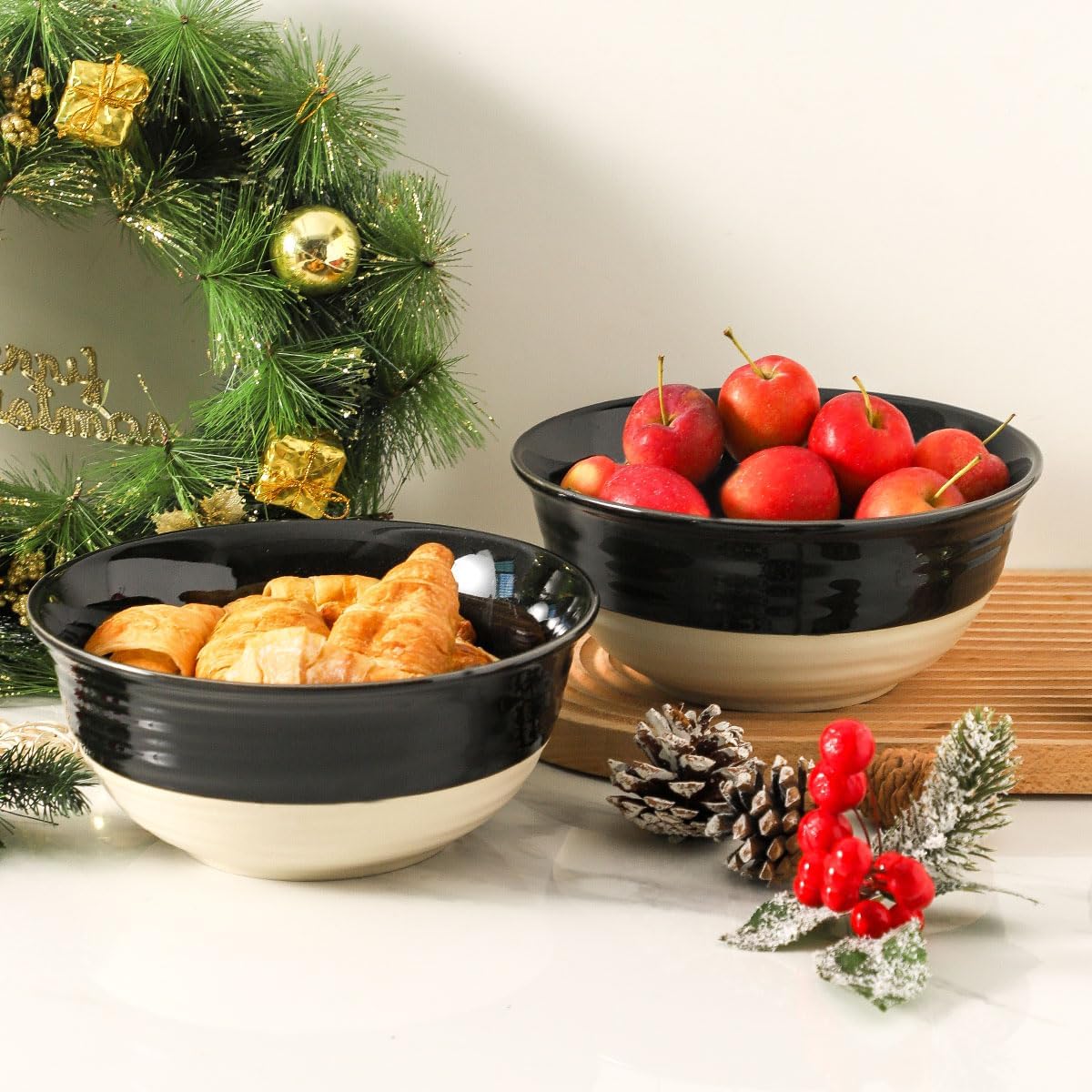 Hasense Porcelain Serving Bowls, 60 oz Salad Mixing Bowls Set of 2, 8.5 Inch Large Serving Dishes for Entertaining, Perfect for Salad, Soup, Pasta, and More, Dishwasher Microwave Safe, Black