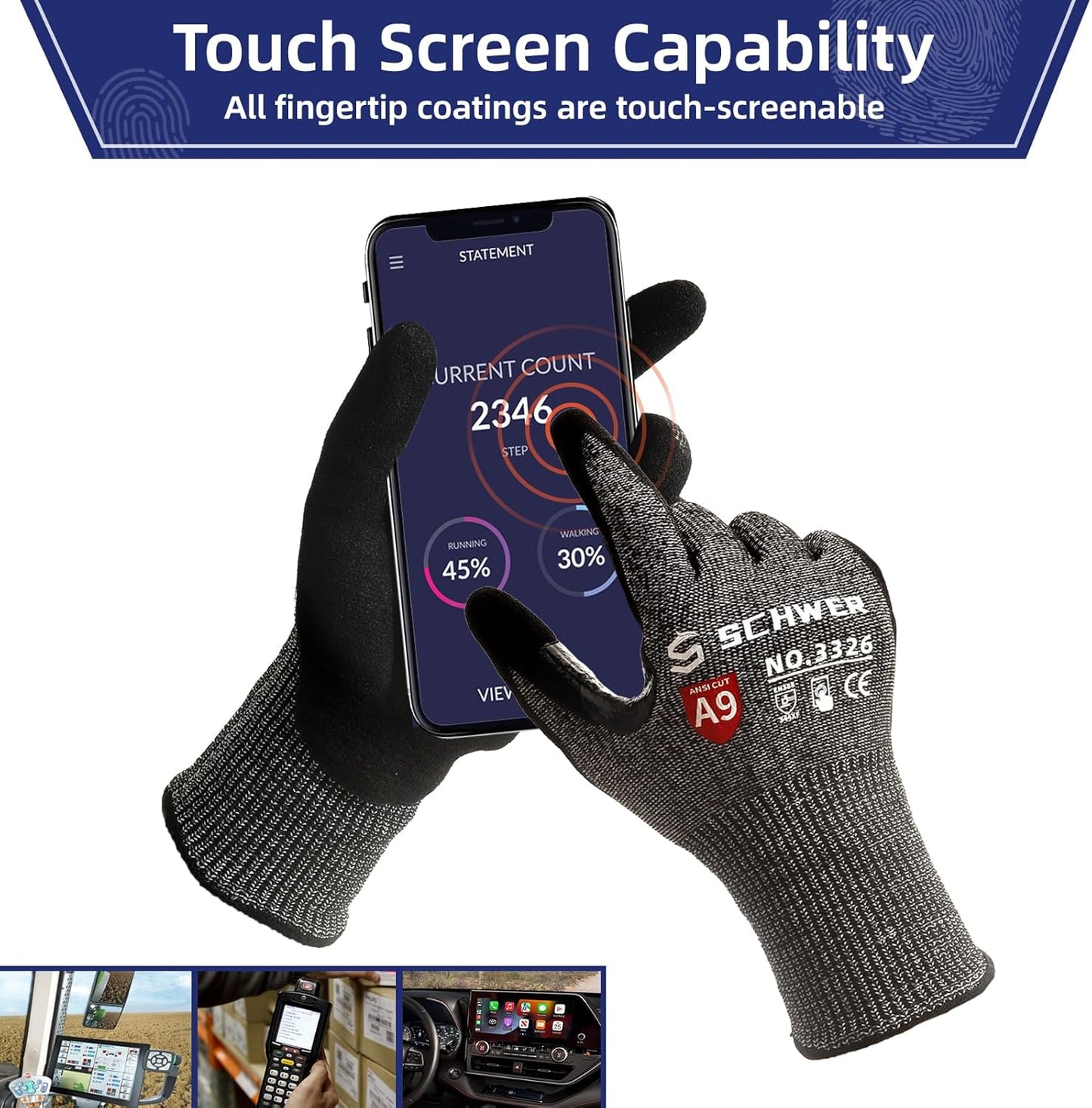 Schwer ProGuard Highest Level Cut Resistant Work Gloves PR3326 for Extreme Protection, ANSI A9 Cut Gloves with Reinforced Thumb, Non Slip, Cooling, Durable, Touch-screen, Non PFAS, Black 2 Pairs(S)
