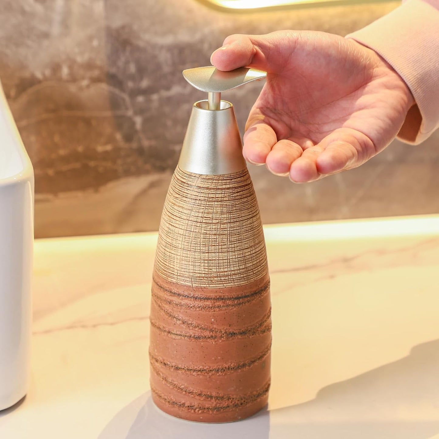 Ceramic Soap Dispenser with Plastic Pump โ 12oz Refillable Liquid Dispenser for Bathroom, Kitchen, Office, Hotel, Airbnb, or Vacation Rental (Type G)