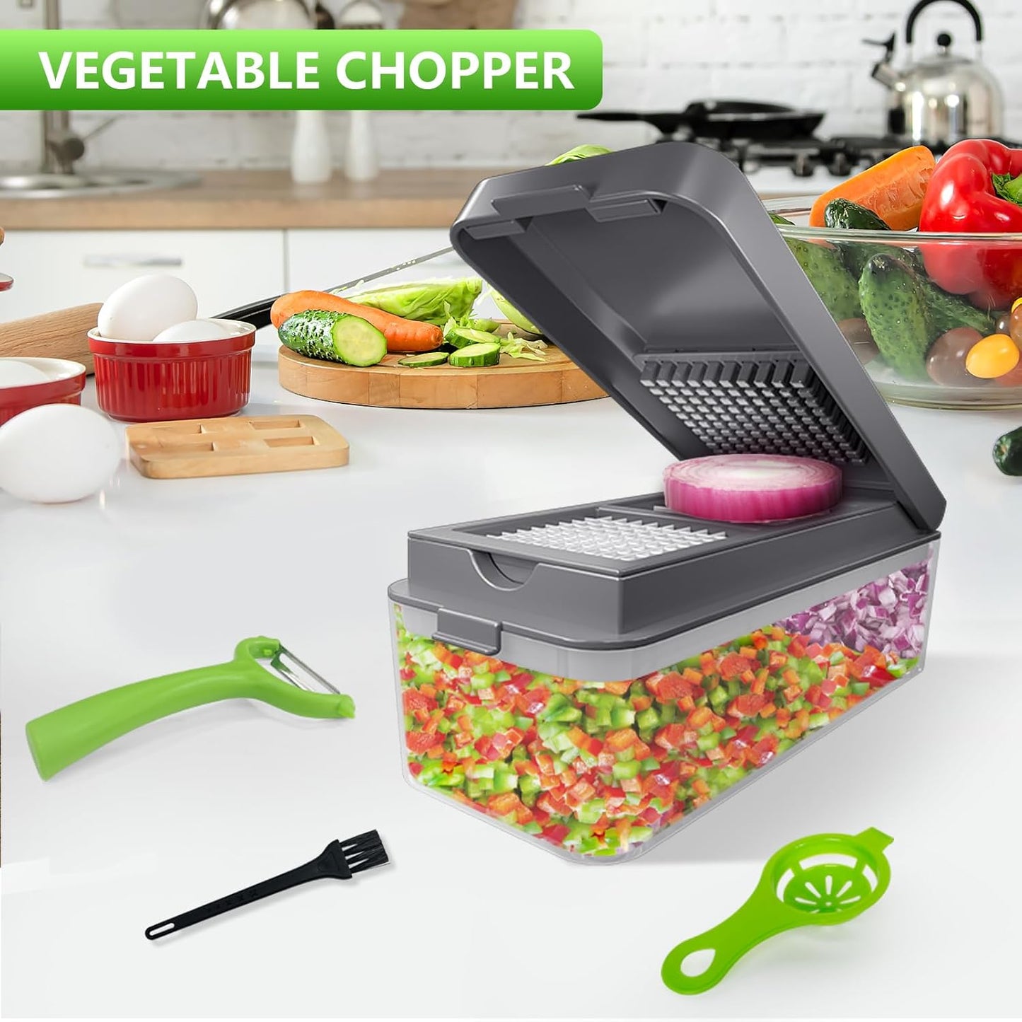 Vegetable Chopper, Onion Chopper Dicer, Mandoline Slicer, Food Chopper with Container, Vegetable Cutter for Salad Potato Carrot Garlic(9 Blades, Grey)
