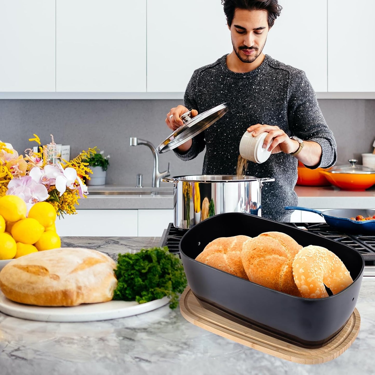 Bread Box for Kitchen Countertop - Bamboo Fiber Bread Bin with Reversible Cutting Board Lid, Juice Groove - Ventilated, Multi-Functional Storage Keeper for Freshness (14.2x7.8x5.5In, Black)