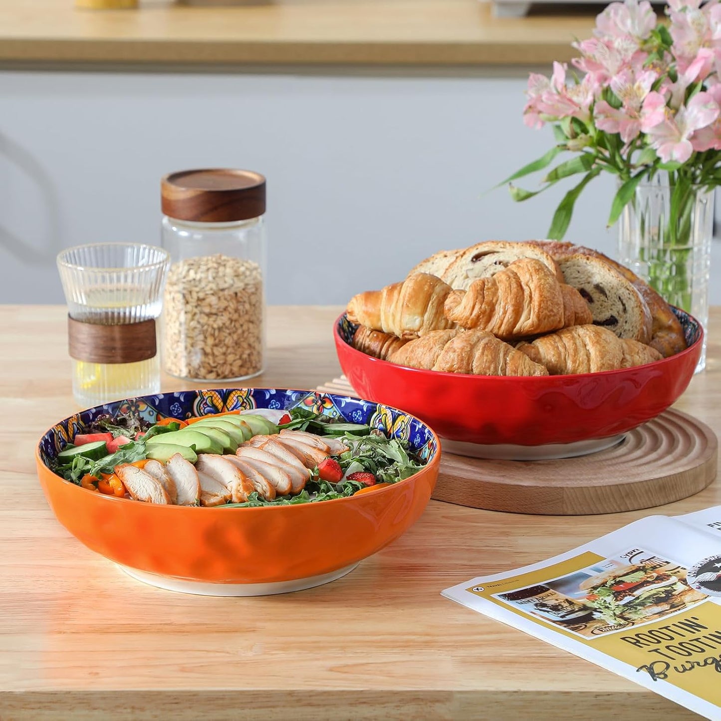 vancasso Large Serving Bowls, 78 Oz Extra Large Salad Bowls Set of 2, Bohemian Decorative Bowls for Salad, Fruit, Pasta and Dinner, Serving Dishes Set for Party, Dishwasher & Microwave Safe-Red