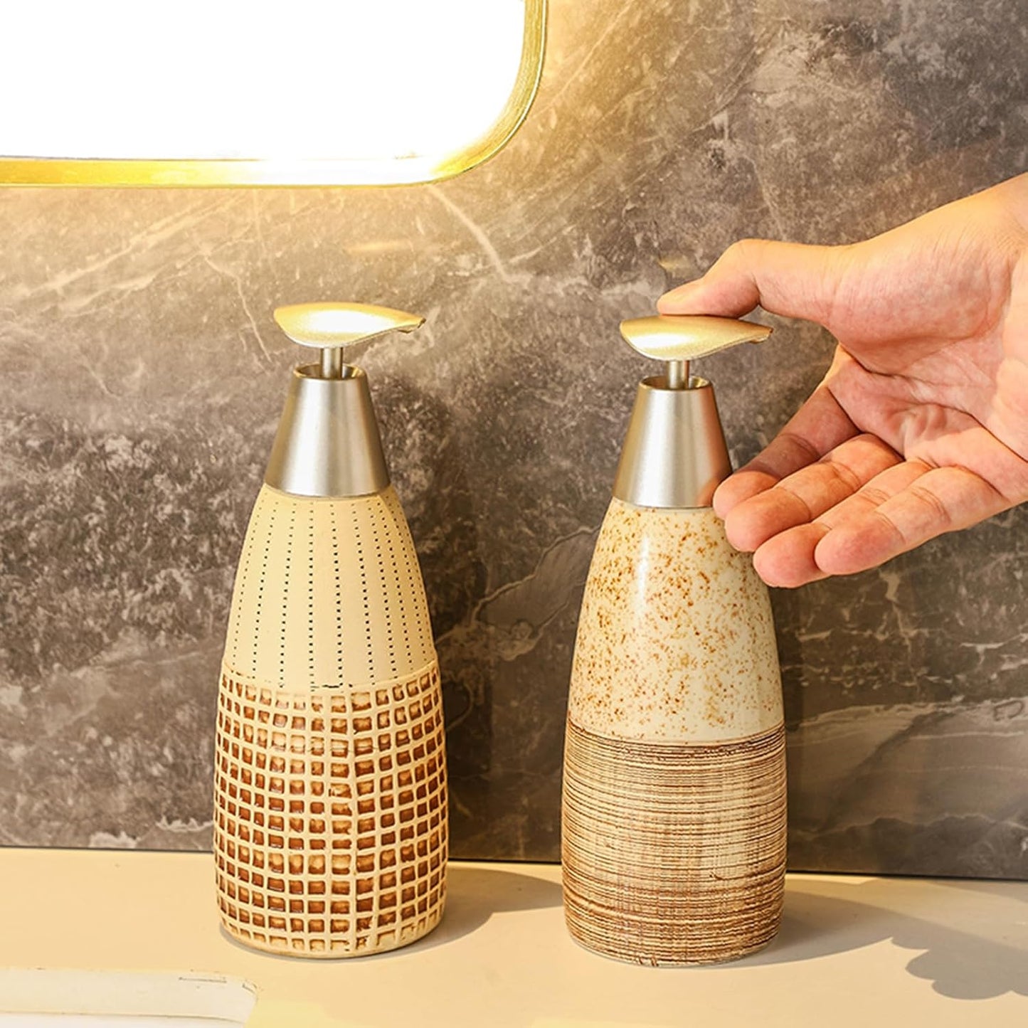 Ceramic Soap Dispenser with Plastic Pump โ 12oz Refillable Liquid Dispenser for Bathroom, Kitchen, Office, Hotel, Airbnb, or Vacation Rental (Type B)