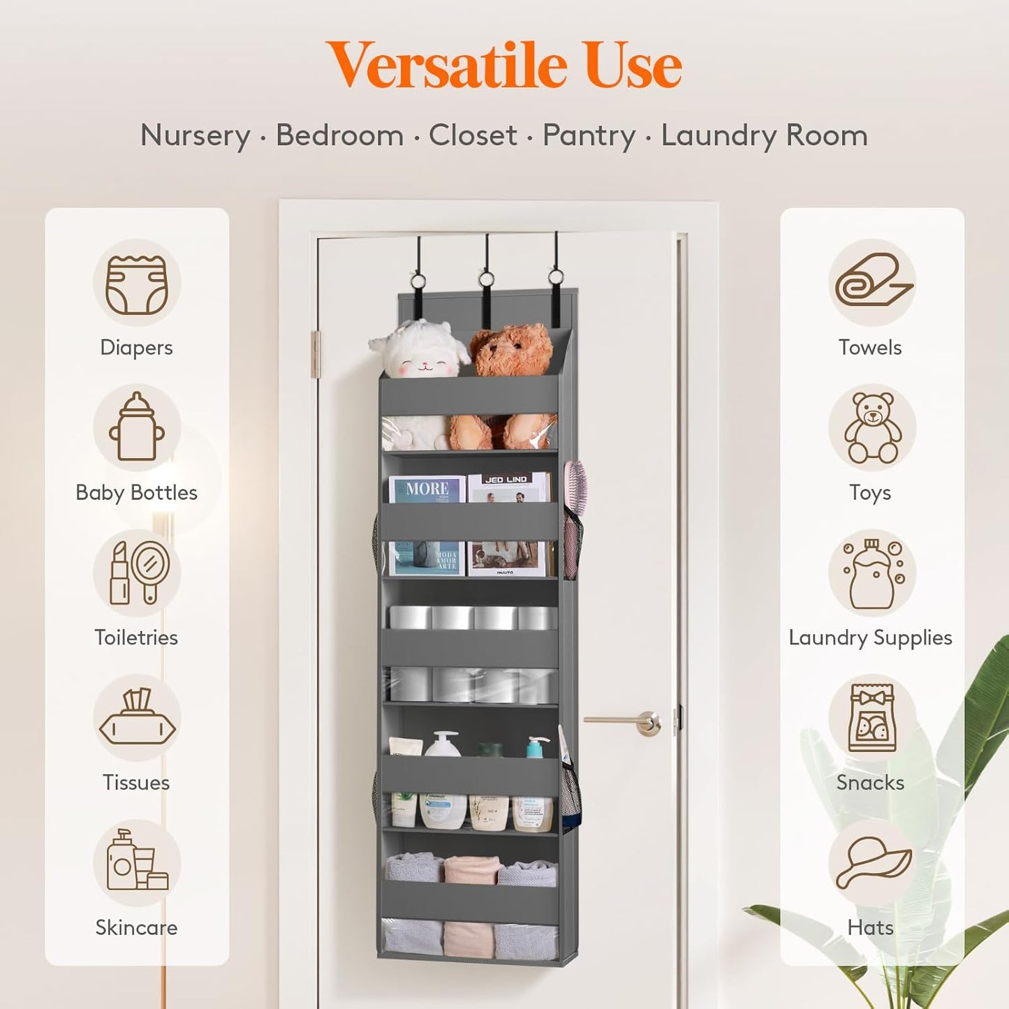 Lifewit 4 Packs Over the Door Organizer, 5 Shelf Clear Window Hanging Storage with 4 Mesh Side Pockets, Anti Tilt 40 lbs Load Behind Door for Pantry, Nursery, Bathroom, Bedroom, Kitchen, Dorm, Grey