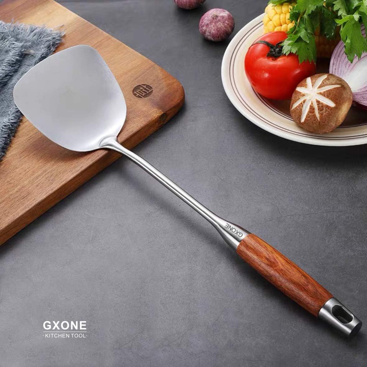 Chinese Wok Spatula, 304 Stainless Steel Spatula with Heat Resistant Wooden Handle Wok Utensils,Silver/15.7Inch