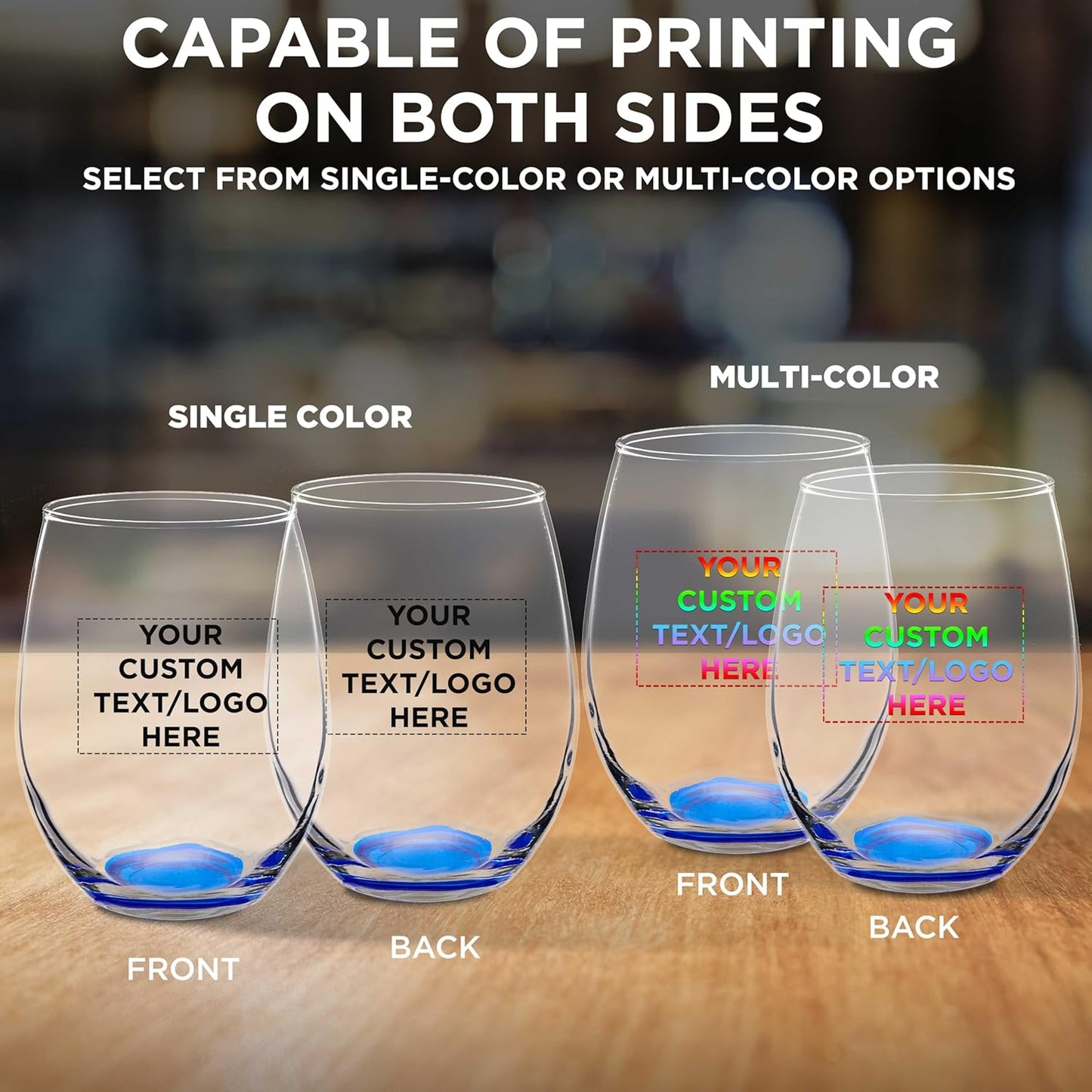 Custom Stemless Wine Glasses in Bulk by ARC Perfection, 15 oz, 100 pack, Personalized Text, Logo, Red or White Wine Glass Set, Blue