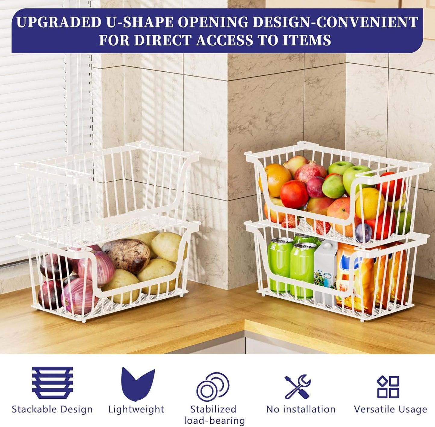 Enhanced Leak-Proof Bottom Stackable Wire Baskets, 4 Pack Pantry Organizers and Storage, Pantry Storage,Shelf Baskets, Fruit Basket, Potato and Onion Storage Bins,(White)