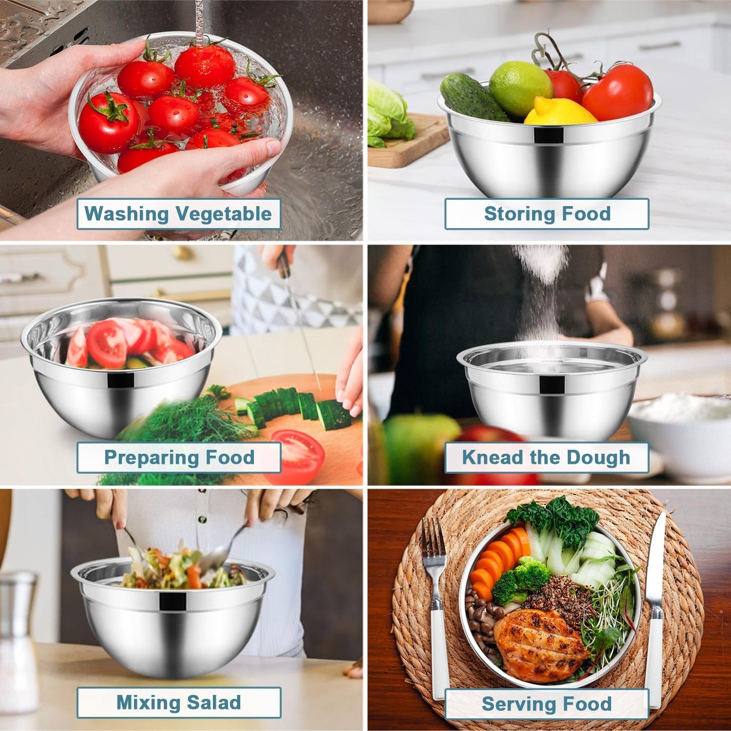 E-far Mixing Bowls Set of 7, Stainless Steel Mixing Bowls with Airtight Clear Lids, Metal Nesting Bowls for Kitchen Prep, Baking, Serving, Dishwasher Safe, Size 4.6, 3.5, 3, 2, 1.5, 1, 0.7QT, Blue