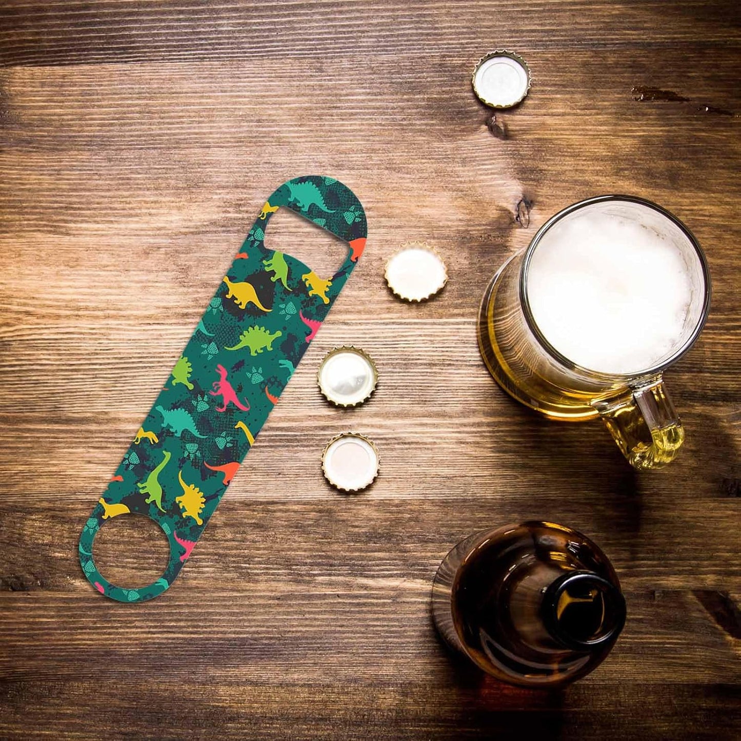 Cute Dinosaur Stainless Steel Bottle Opener Cartoon Colorful Dinosaurs Reptile Green Flat Beer Bottle Opener Keychain for Home Kitchen Bar Restaurant Party Birthday Gift
