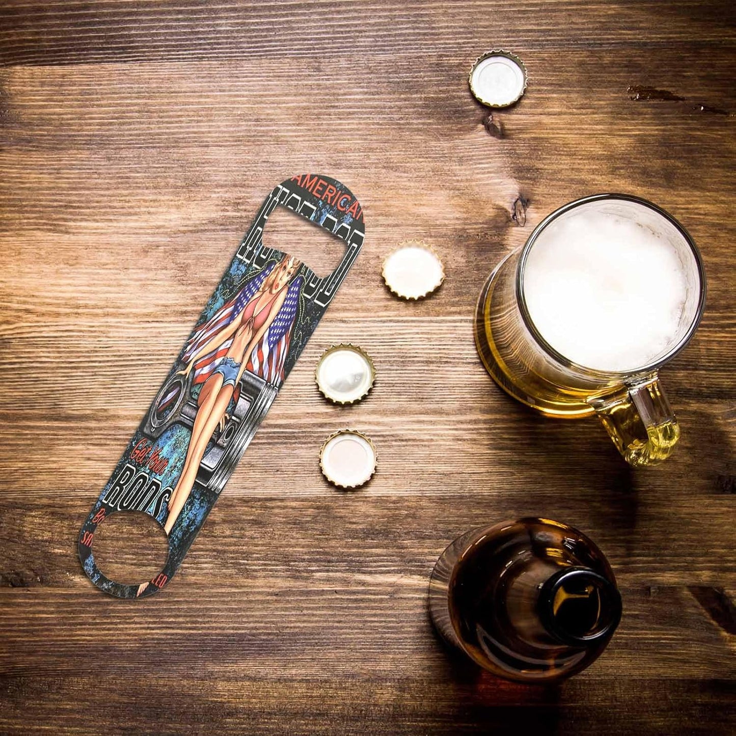 Hot Rod Pin Up Girl Stainless Steel Bottle Opener Young Sexy Woman Sit on Rods with American Flag Flat Beer Bottle Opener Keychain for Home Kitchen Bar Restaurant Party Birthday Gift