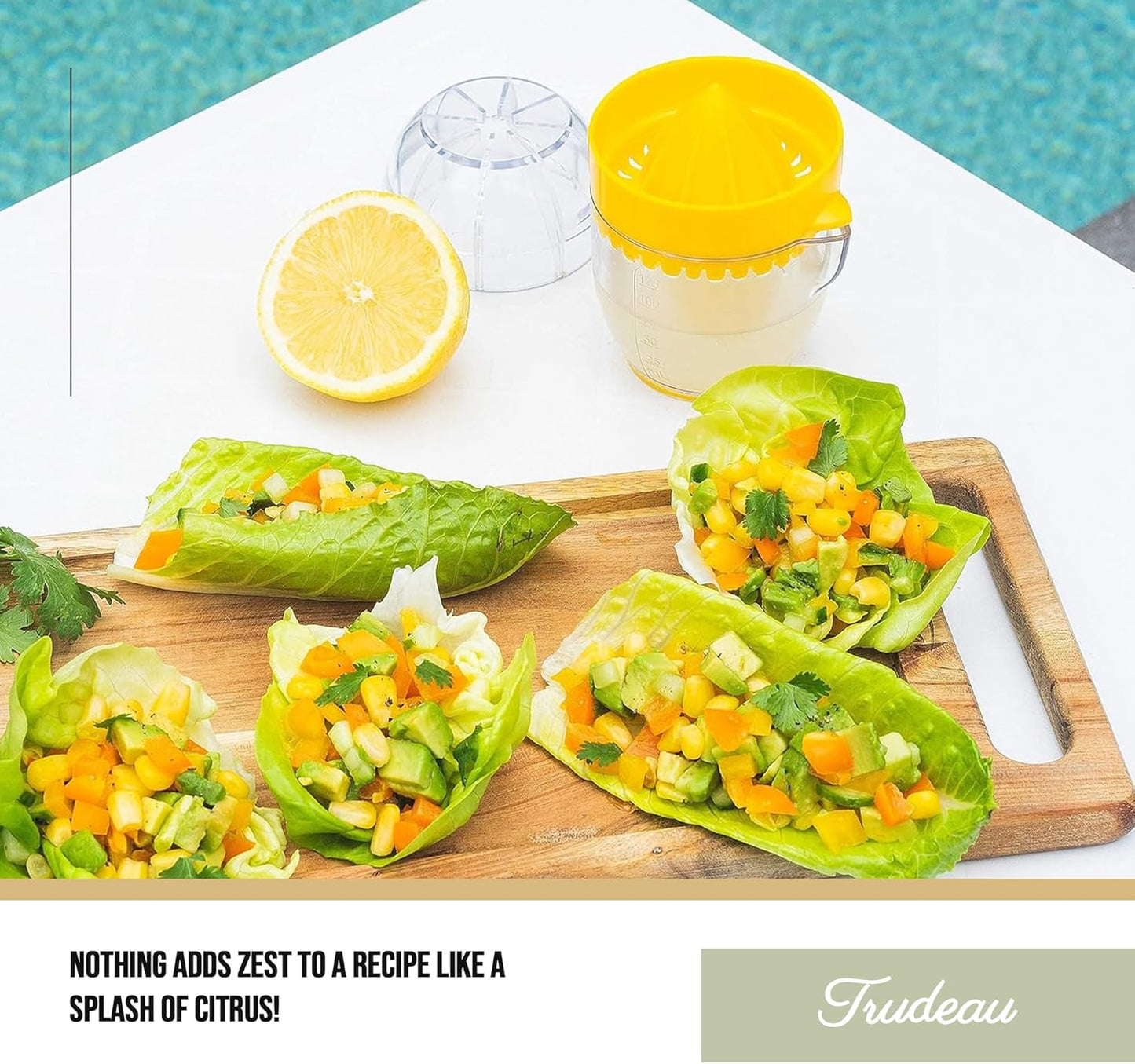 Trudeau Lemon Squeezer with Integrated Strainer โ Compact Citrus Juicer with 1/2 Cup Capacity, Calibrated Container & Pouring Spout โ BPA-Free & Dishwasher Safe โ Original Trudeau Design