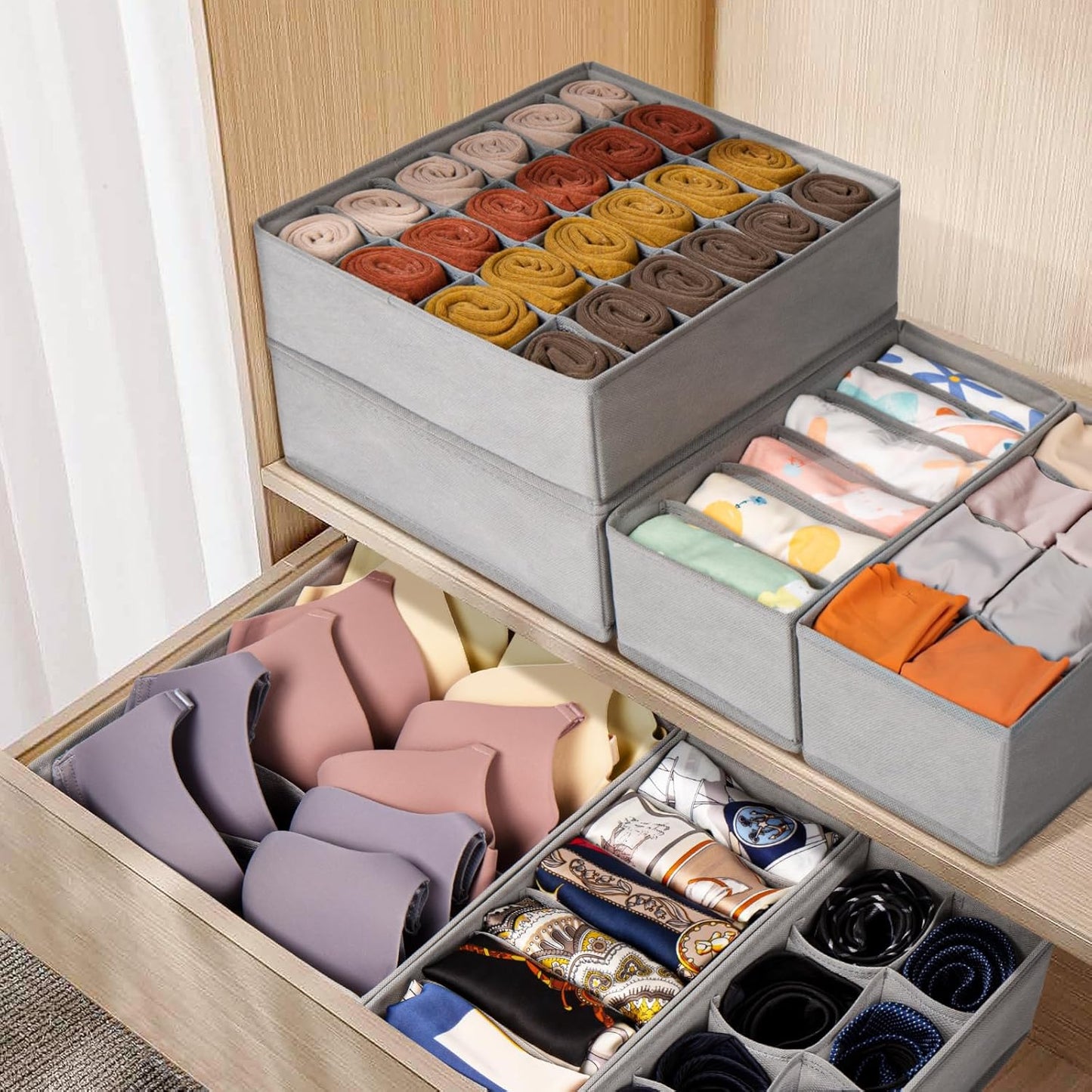 Drawer Organizer Clothes, 8 Pack Dresser Organizer Bins for Baby Clothes, Underwear Sock, Fabric Closet Organization and Storage Dividers for Nursery Bedroom (48 Compartments, Grey)