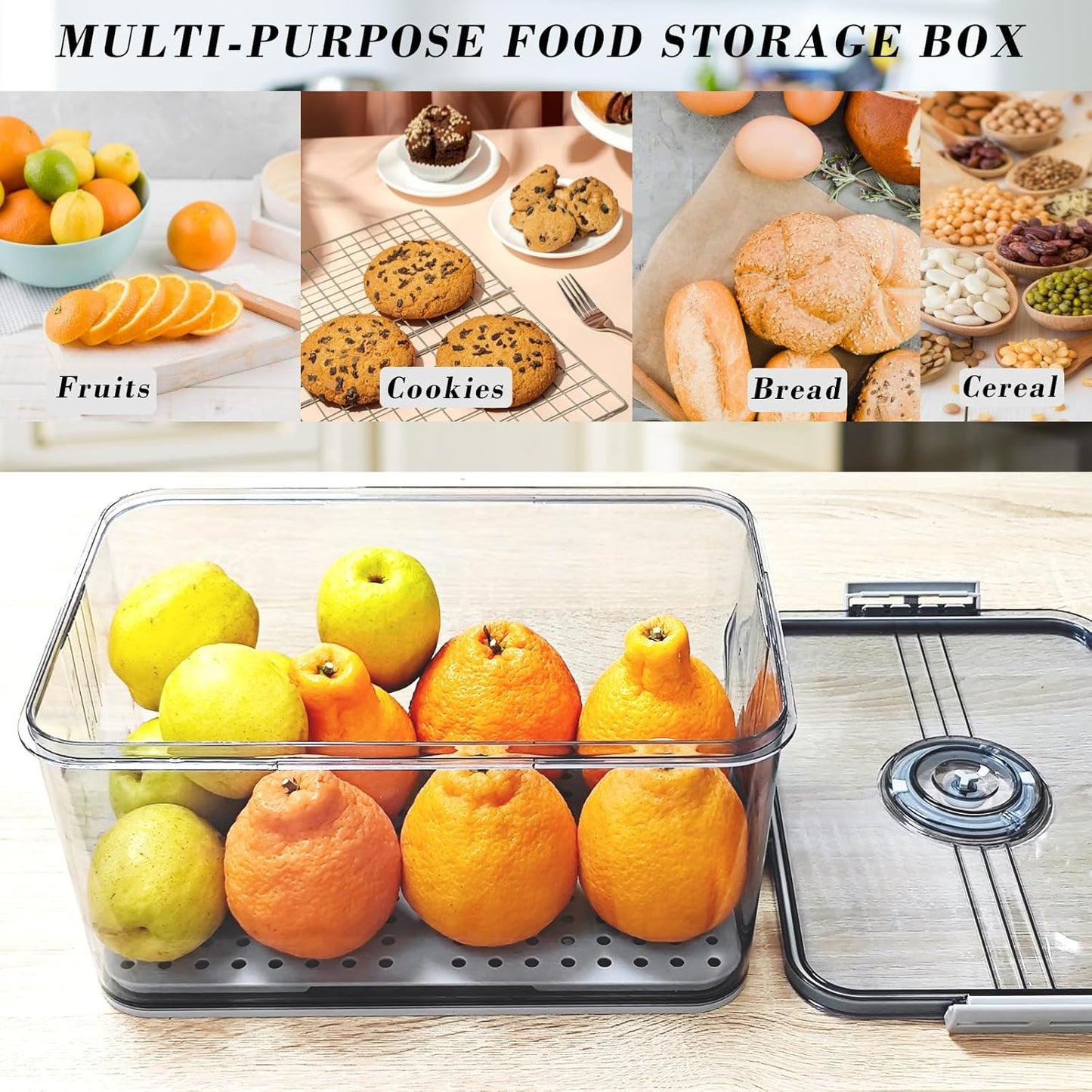 Bread Box Bread Boxs with Lid for Kitchen Counter, 10L Airtight Loaf Bread Storage Container,Time Recording Bread Keeper for Homemade Bread, Toast, Bagel, Donut and Cookies (Grey)