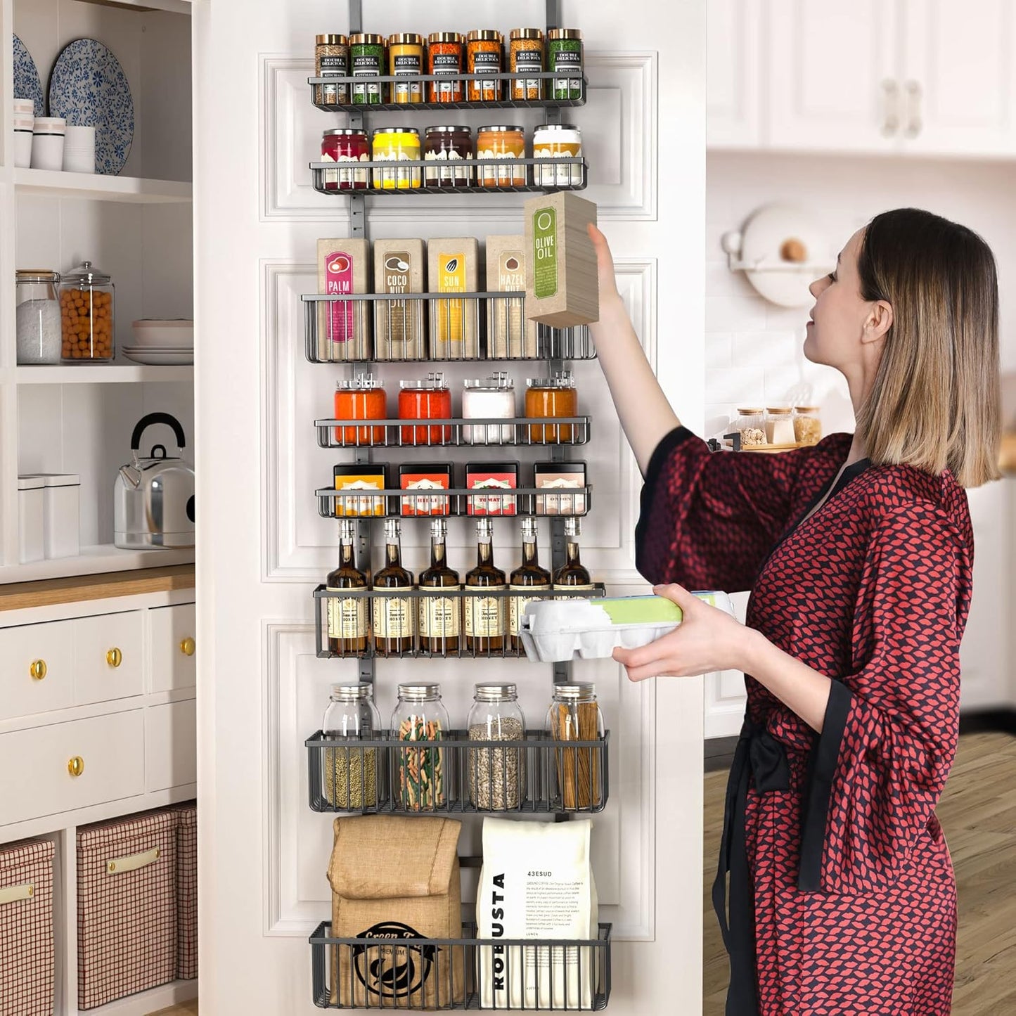 Moforoco Over The Door Pantry Organizer, Pantry Door Organizer Shelves, Kitchen Organizers and Storage, Hanging Basket Wall Spice Rack Seasoning Shelves, Laundry Room Bathroom accessories(Black