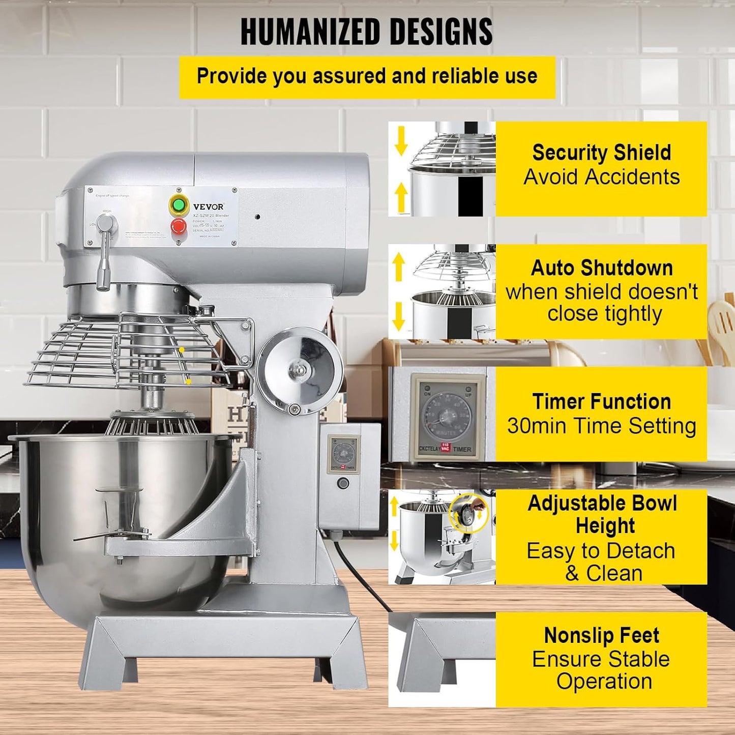 Happybuy 20Qt Commercial Food Mixer with Timing Function, Commercial Mixer 1100W Stainless Steel Bowl Heavy Duty Electric Food Mixer Commercial with 3 Speeds Adjustable, Perfect for Bakery Pizzeria