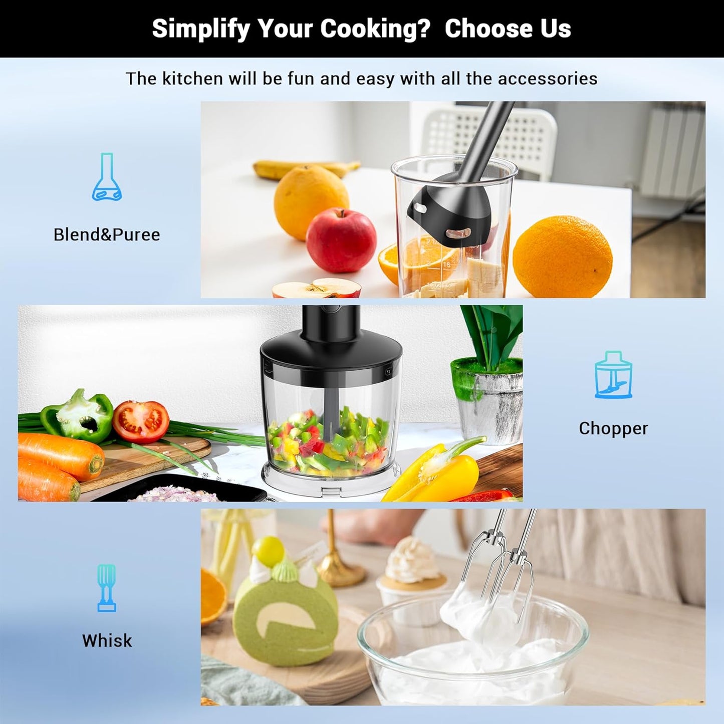 Immersion Blender RPM 16000±10% Scratch Resistant Hand Blender,15 Speed and Turbo Mode Hand Mixer, 3-in-1 Heavy Duty Copper Motor Stainless Steel Smart Stick with Egg Beaters and Chopper