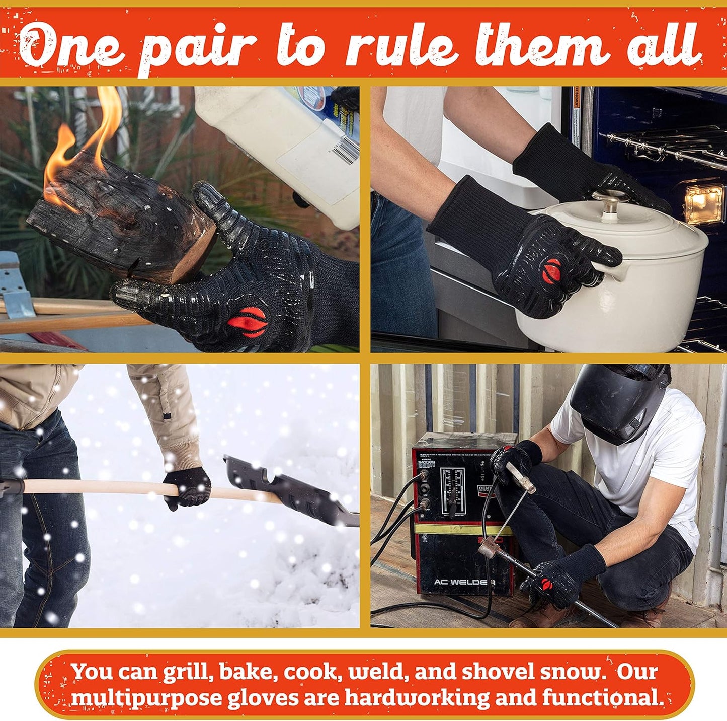 GRILL HEAT AID BBQ Grill Gloves Heat Proof for Grilling โ Fireproof 1472ยฐF Heat-Resistant Grill Mitts for Outdoor Barbecue and Smoker, Campfire, Fire Pit, Oven Glove with Fingers for Baking Pizza