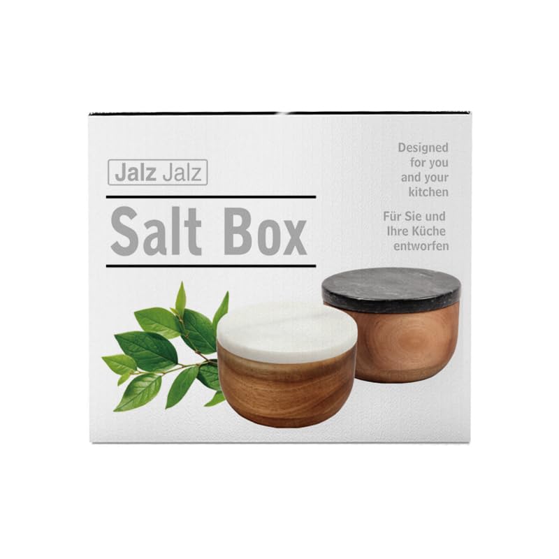Large Wood Salt Box salt cellar with Spoon Spice Seasonings Keeper Salt Container Solid Natural Acacia Base Black Marble Lid Decorative Box salt keeper Big Capacity Spice Cellar