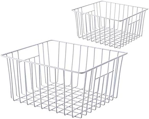 Slideep Freezer Baskets Storage Basket Organizers, Deep Wire Farmhouse Bins Container with Handles for Kitchen, Pantry, Cabinet, Car, Bathroom Pearl White, 4 Pack