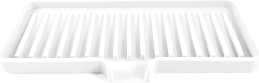 Happitasa Silicone Soap Dish Tray and Sponge Holder with Drain Chute | Bathroom and Kitchen Sink Organizer Caddy (White, 9"x3.5", 5.6 Ounces)