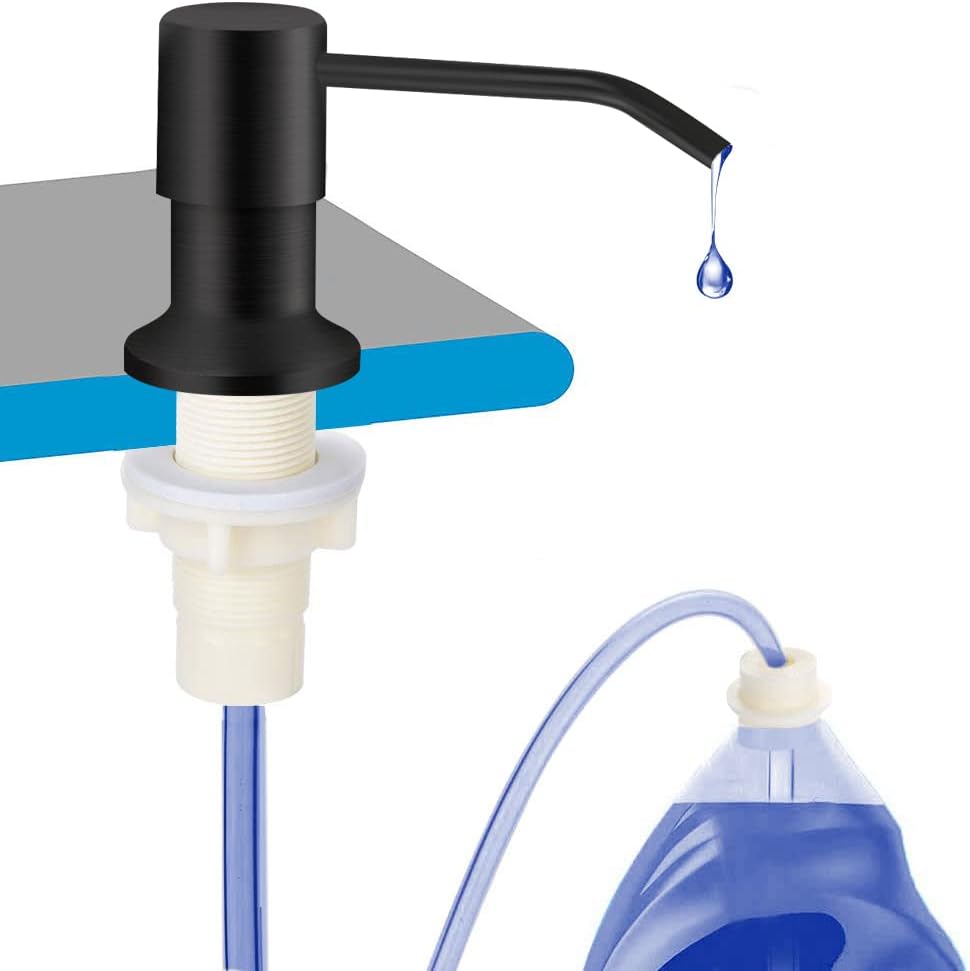 Dish Soap Dispenser for Kitchen Sink, Countertop Sink Soap Dispenser Water Pump with 47” No-Spill Extension Tube Kit Design for Kitchen Bathroom, Easy to Press, No More Refills （Black）