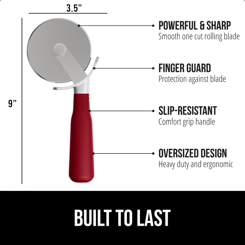 GORILLA GRIP BPA-Free Large Pizza Cutter Wheel, 9 Inch, Sharp Stainless Steel Blade, Slip Resistant Handle with Thumb Guard Protection, Slice Thick or Thin Pizzas, Pie, Pastries in Seconds, Red