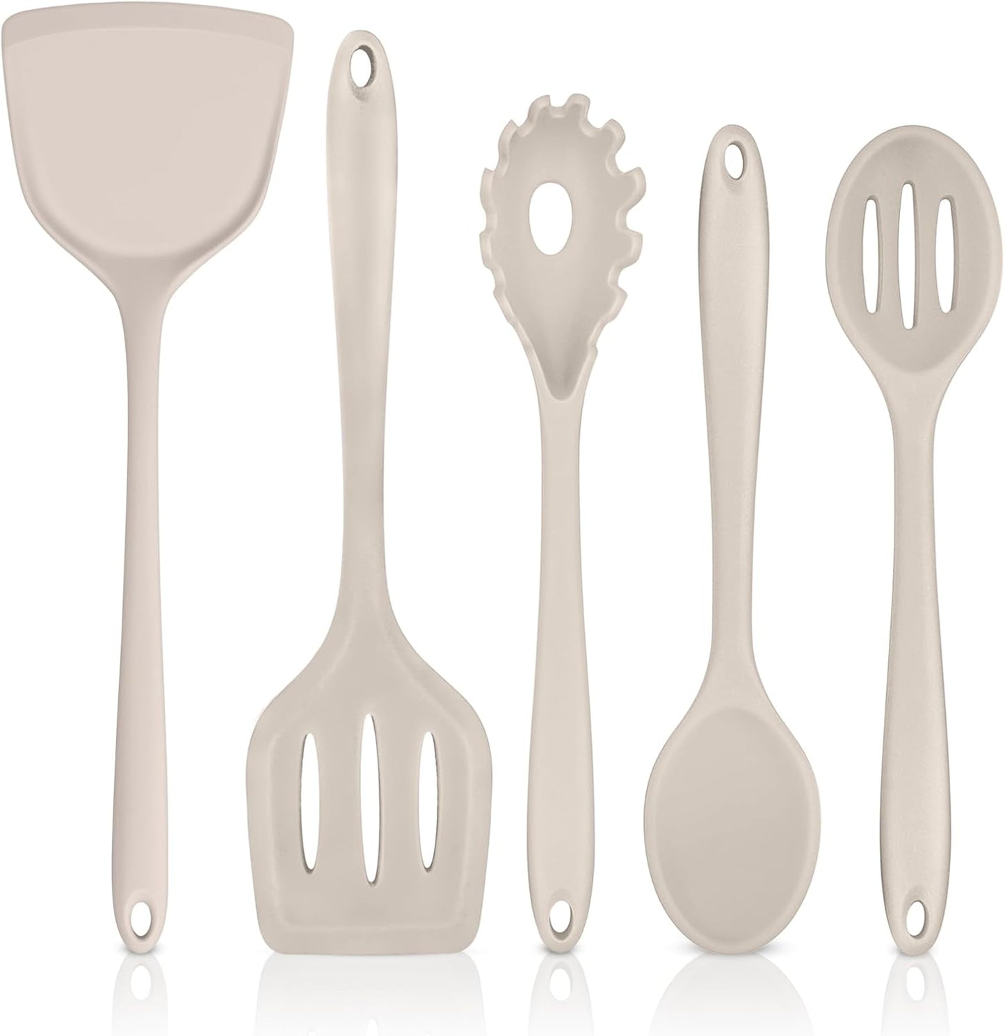 TeamFar Silicone Cooking Utensils, Kitchen Utensils Set of 5, Nonstick Cookware Tools Turners Spoons Pasta Server for Home, Healthy & Heat-Resistant, Seamless & Non-Scratch, Dishwasher Safe, Khaki