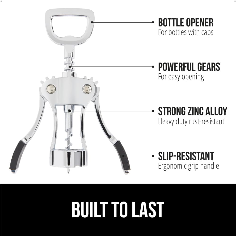 GORILLA GRIP BPA-Free Sharp Wine Opener, Heavy Duty Zinc Alloy Wing Corkscrew, Multifunctional Bottle Opener, Remove Corks or Cap, Easy to Use Bar Cork Screw, Dishwasher Safe Kitchen Essentials, Black