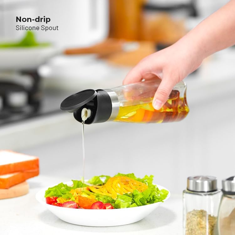 Premium Glass Olive Oil and Vinegar Dispenser Bottles Set, 2-Piece Kitchen Cooking Cruet with Auto-Open Lid, Non-Drip Pouring Spout, Oil Infuser Filter, Dishwasher Safe (White 11oz)