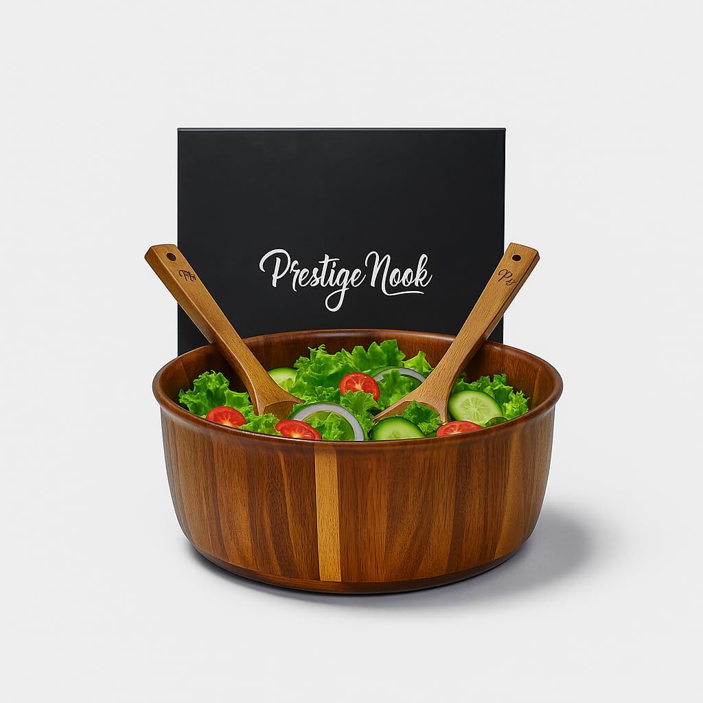 Extra Large Wooden Salad Bowl - 12“ x 5” Acacia Wood Serving bowl with 2 servers, Large Fruit bowl for food with serving utensils, Housewarming Wedding Christmas Gift