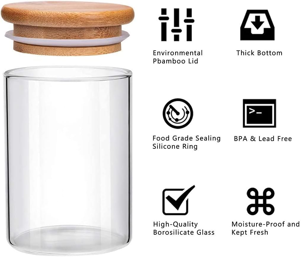 Glass Jars with Bamboo Wooden Airtight Lids 6oz 10oz Spice Jars Food Storage Containers for Home Kitchen, Tea, Salt, Pepper, Spices, Coffee, Herbs, Grains (6 OZ, 6 PCS)