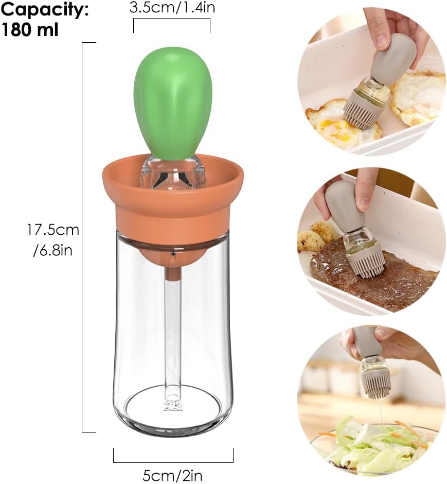 Oil Dispenser with Brush - 2 Pack Glass Olive Oil Dispenser Bottle with Basting Brush for Cooking Frying Baking Kitchen 180ml, T-OB21 Blue+Green
