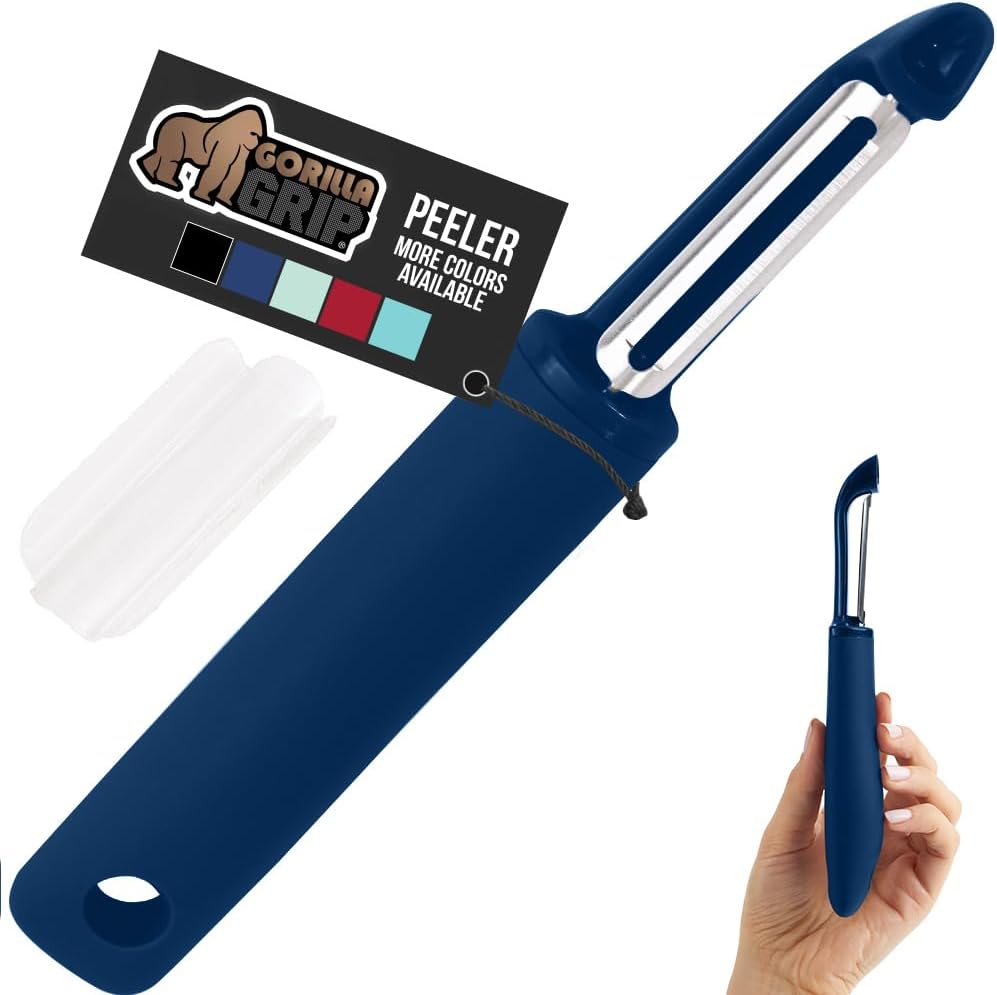 GORILLA GRIP Patented BPA-Free Sharp Stainless Steel Swivel Vegetable Peeler, Comfortable Handle Potato Peelers, Smooth Peeling, Peel Carrots Apple, Includes Blade Cover, Kitchen Tool, Blue
