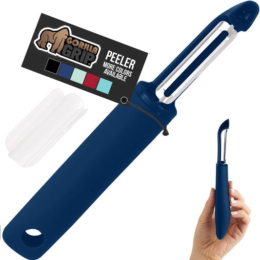 GORILLA GRIP Patented BPA-Free Sharp Stainless Steel Swivel Vegetable Peeler, Comfortable Handle Potato Peelers, Smooth Peeling, Peel Carrots Apple, Includes Blade Cover, Kitchen Tool, Blue