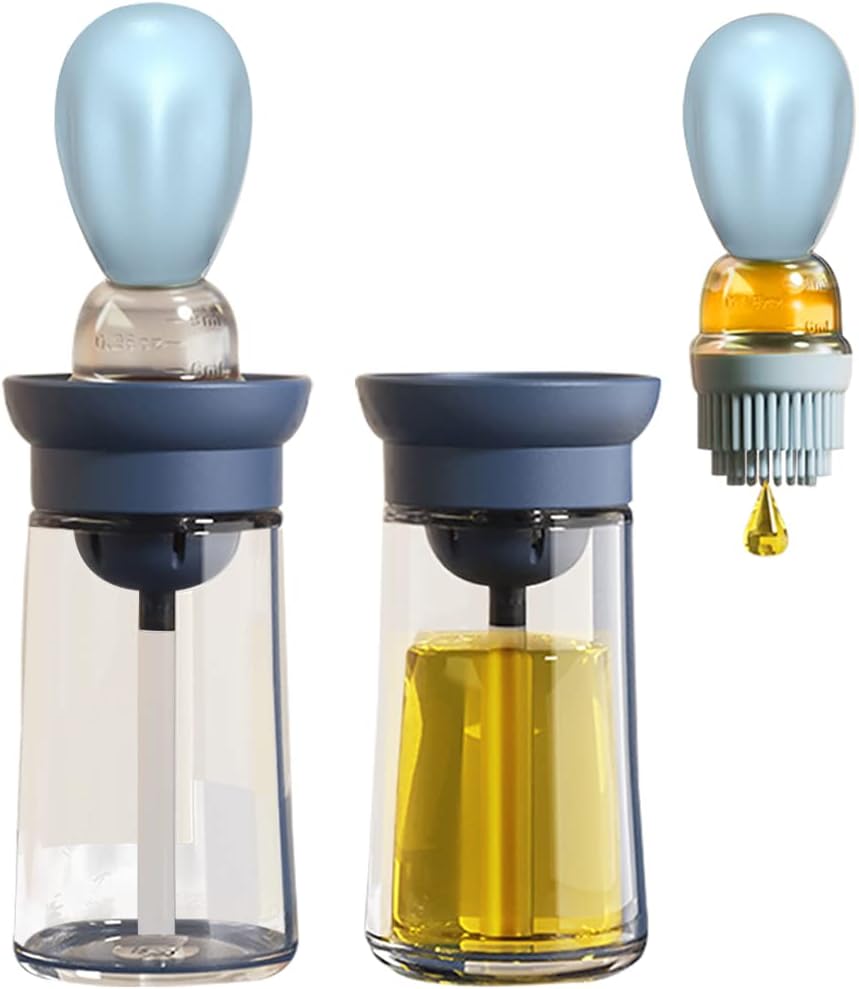 Oil Dispenser with Brush - 2 Pack Glass Olive Oil Dispenser Bottle with Basting Brush for Cooking Frying Baking Kitchen 180ml, T-OB21 Blue