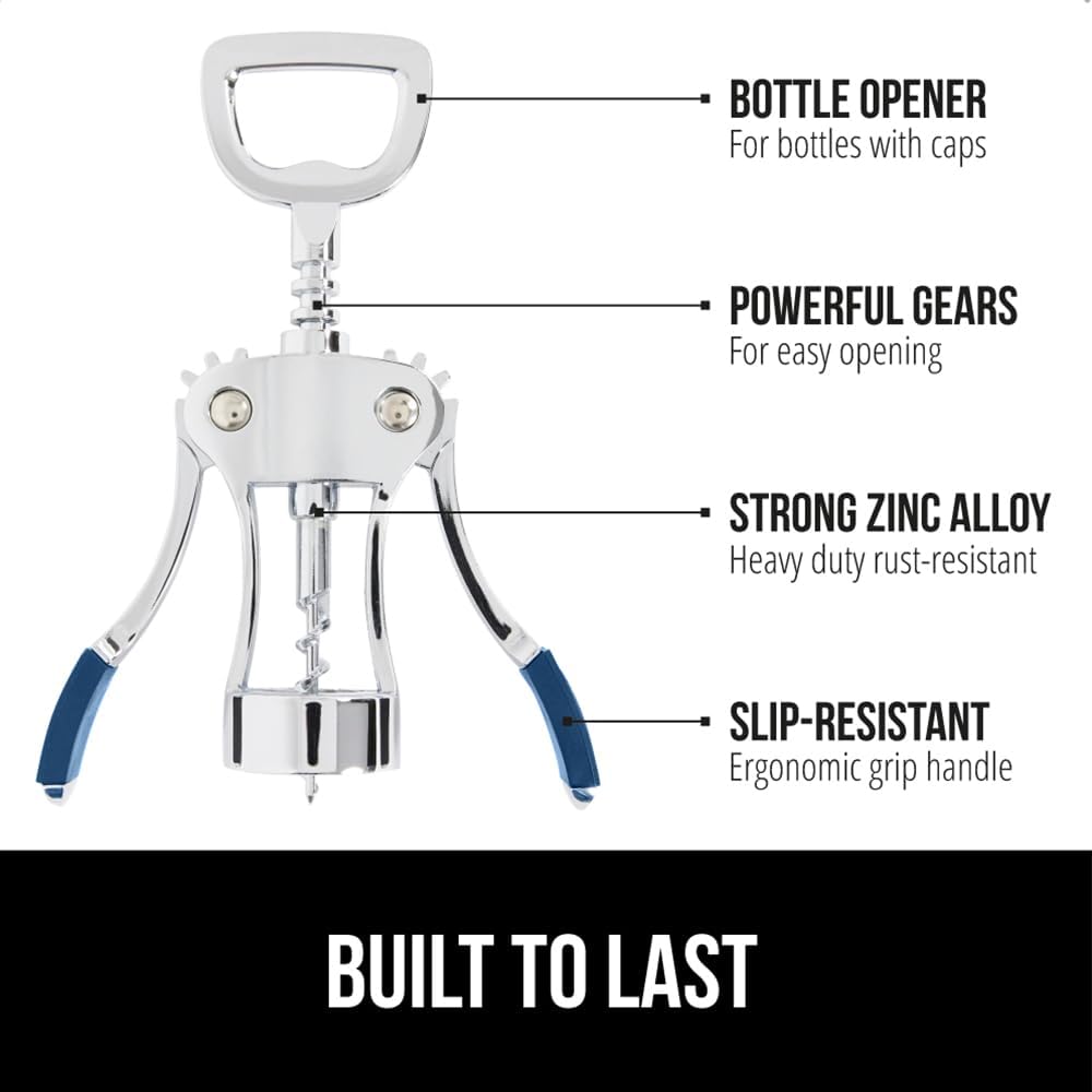 GORILLA GRIP BPA-Free Sharp Wine Opener, Heavy Duty Zinc Alloy Wing Corkscrew, Multifunctional Bottle Opener, Remove Corks or Cap, Easy to Use Bar Cork Screw, Dishwasher Safe Kitchen Essentials, Blue