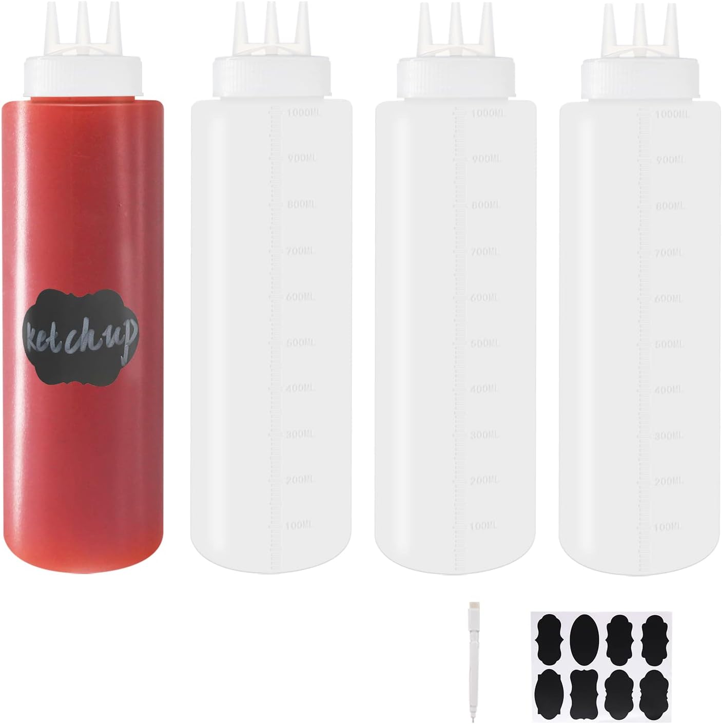 4 Pack 32oz/1000ml Plastic Squeeze Bottles 3-Hole Squirt Condiment Bottles Tomato Sauce Dispensers for Ketchup BBQ Dressing Paint Workshop Pancake Art Craft with 8 Chalk Labels and 1 Pen