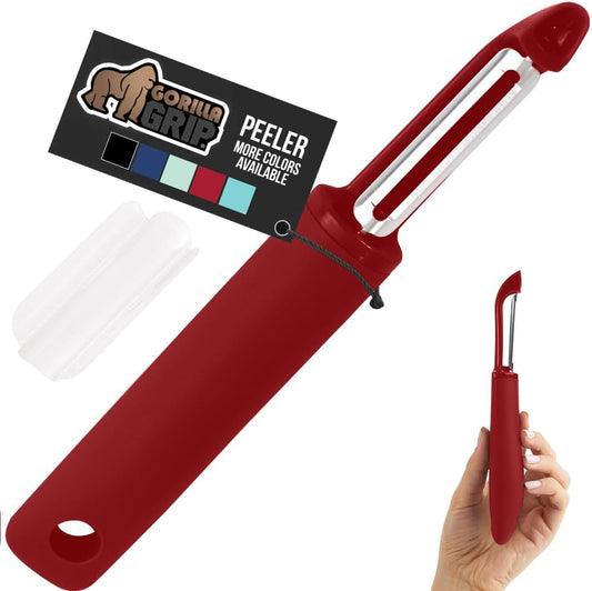 GORILLA GRIP Patented BPA-Free Sharp Stainless Steel Swivel Vegetable Peeler, Comfortable Handle Potato Peelers, Smooth Peeling, Peel Carrots Apple, Includes Blade Cover, Kitchen Tool, Red
